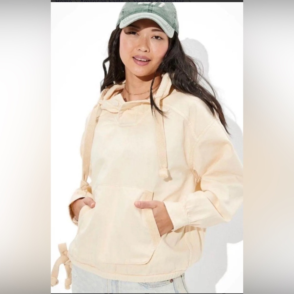NWT American Eagle Outfitters Utility Hoodie Women Lg Ivory Side Tie Oversized